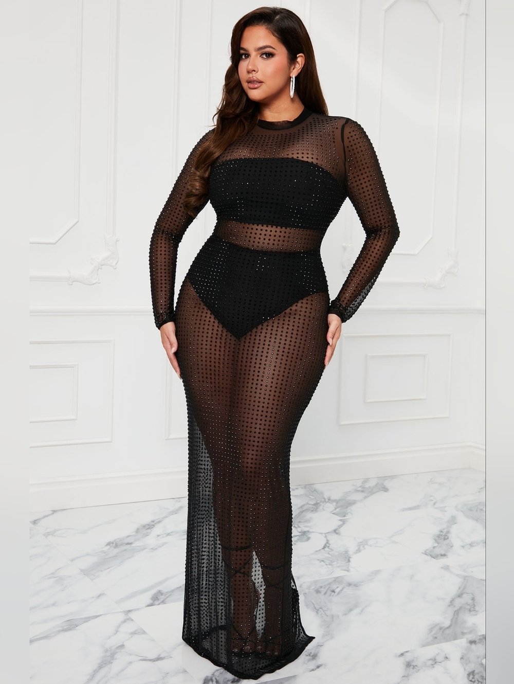Fashion Nova Sheer Black Embellished Maxi Dress